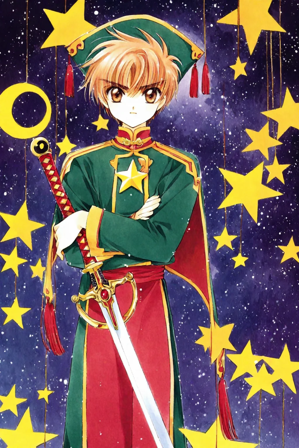 Card Captor Sakura,
Li Syaoran,1990s (style),star (symbol),retro artstyle,hat,1boy,long sleeves,looking at viewer,male child,solo,wide sleeves,male focus,brown hair,green headwear,standing,brown eyes,yin yang,bangs,short hair,sword,closed mouth,starry background,tassel,star (sky),weapon,hands in opposite sleeves,cowboy shot,sky,crossed arms,
<lora:CLAMP_XL:0.8>,