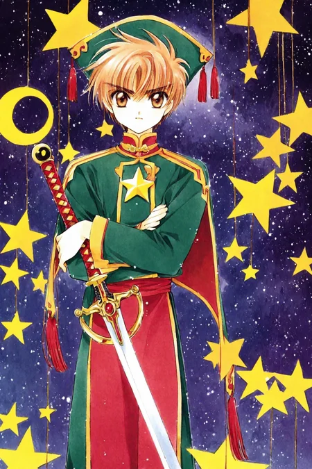 Card Captor Sakura,
Li Syaoran,1990s (style),star (symbol),retro artstyle,hat,1boy,long sleeves,looking at viewer,male child,solo,wide sleeves,male focus,brown hair,green headwear,standing,brown eyes,yin yang,bangs,short hair,sword,closed mouth,starry background,tassel,star (sky),weapon,hands in opposite sleeves,cowboy shot,sky,crossed arms,
<lora:CLAMP_XL:0.8>,