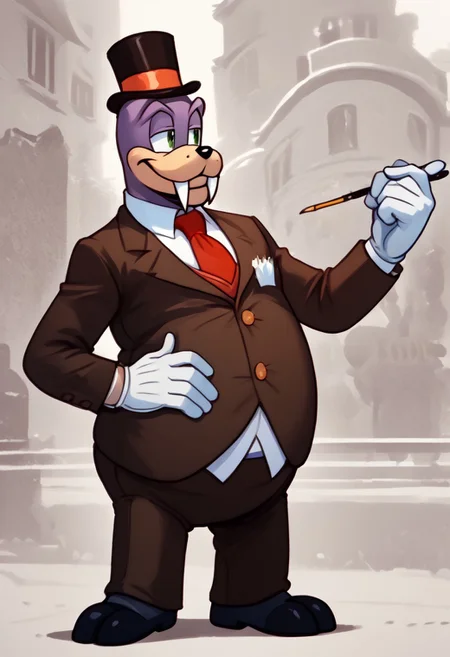 <lora:Honestjohngusherpony1.0:0.5> rotor dressed as honest john gusher, as a walrus, fat, overweight, walrus tusks, squinting eyes, smile, solo, 1boy, male focus, <lora:pony_monocles-step00000800:1>,(monocle),round eyewear, top hat,, suit, gloves, furry male, mustache, necktie, standing, score_9, score_8_up, score_7_up, score_6_up, score_5_up, score_4_up, looking at other, hand on own hip, cowboy shot, 1930's toon city,