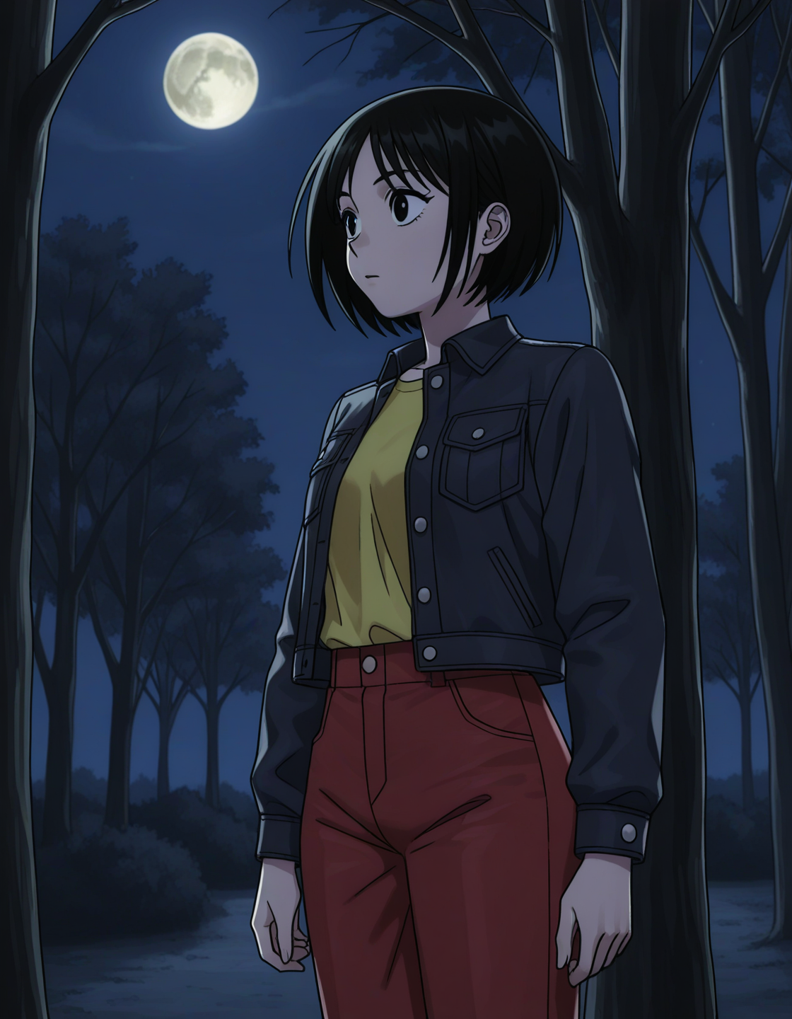 1girl, solo, nakamura asako, black hair, short hair, bob cut, black eyes, black jakcet, short jacket, open jacket, long sleeves, yellow shirt, shirt tucked in, red pants, standing, looking away, three quarter view, outdoors, tree, moon, night <lora:nakamura_asako_ilxl_v1:0.7>