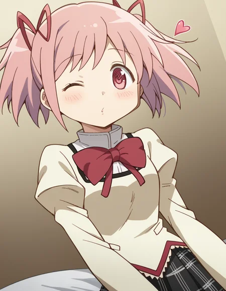 score_9, score_8_up, score_7_up, source_anime, <lora:madoka-kaname-s1-ponyxl-lora-nochekaiser:1>, madoka kaname, short hair, ribbon, twintails, hair ribbon, pink hair, pink eyes, short twintails,, skirt, school uniform, mitakihara school uniform, puffy sleeves, plaid skirt, pleated skirt, bowtie, red bowtie, movie theater, screen, seats, popcorn, film, , <lora:blowing-kiss-ponyxl-lora-nochekaiser:1>, blowing kiss, pucked lips, heart, one eye closed, o3o, hand up, bed room, bed, blush, cowboy shot, dutch angle,, looking at viewer, solo,, dutch angle, cowboy shot