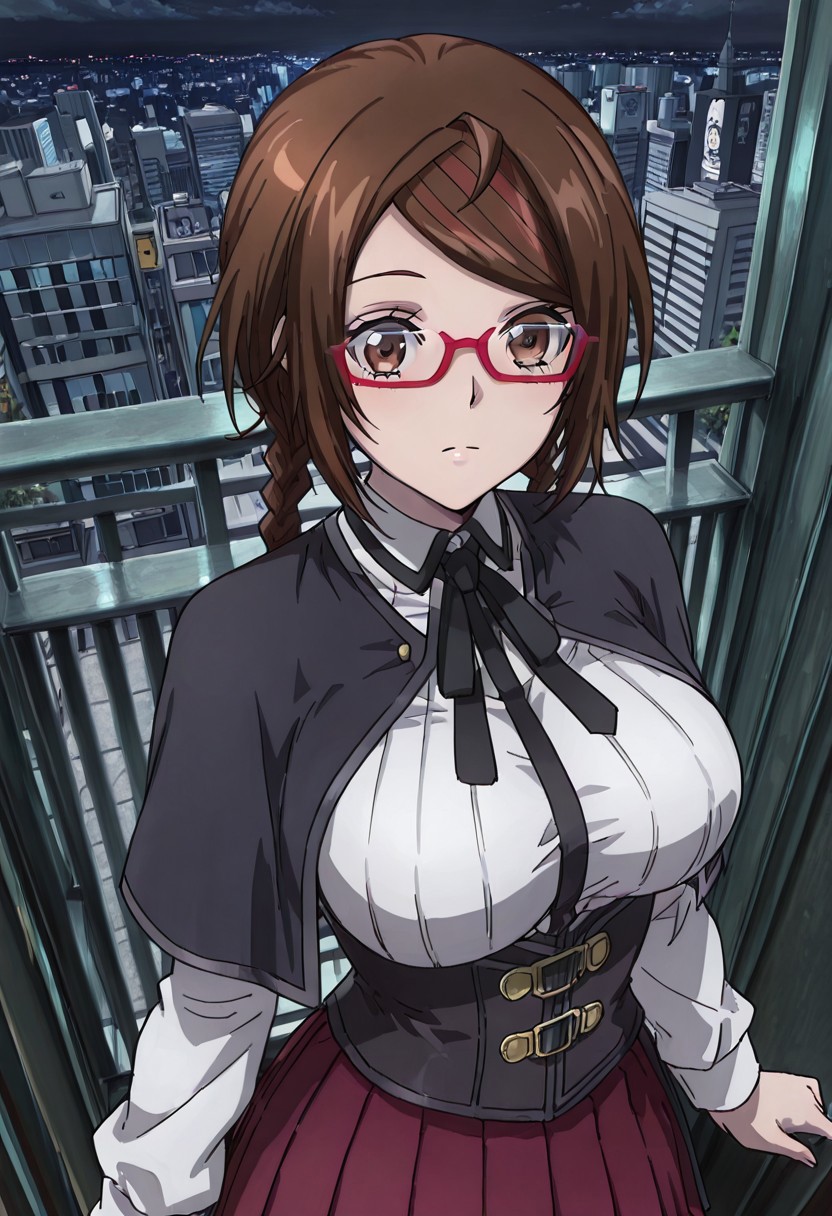 masterpiece, best quality, good quality, very aesthetic, absurdres, detailed eyes,
BREAK
Sakimiya_Misaki, brown_eyes, brown_hair, short_hair, twin_braids, streaked_hair, large_breasts, red-framed_eyewear, BREAK
school uniform, black capelet, white shirt, neck ribbon, black ribbon, long sleeves, black corset, red skirt, pleated skirt,
BREAK
balcony overlooking the city, modern city, city view, night,