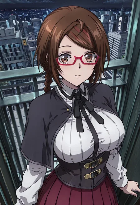 masterpiece, best quality, good quality, very aesthetic, absurdres, detailed eyes,
BREAK
Sakimiya_Misaki, brown_eyes, brown_hair, short_hair, twin_braids, streaked_hair, large_breasts, red-framed_eyewear, BREAK
school uniform, black capelet, white shirt, neck ribbon, black ribbon, long sleeves, black corset, red skirt, pleated skirt,
BREAK
balcony overlooking the city, modern city, city view, night,