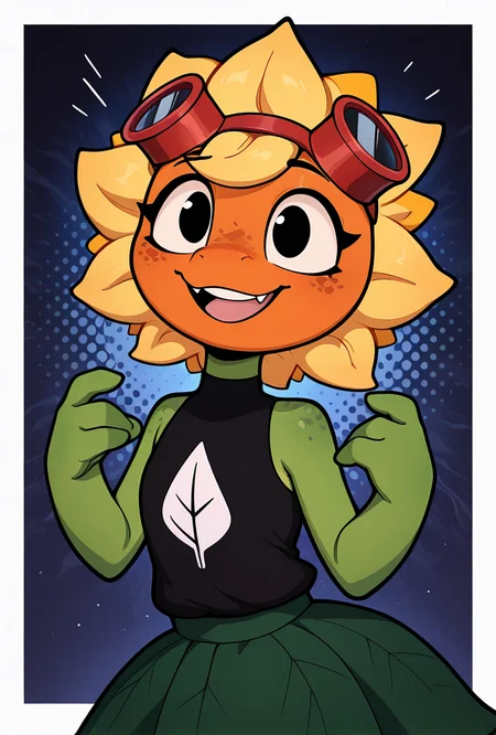<lora:solarflare-10:1>, solarflare, blonde hair, 1girl, red goggles on head,  short hair, black shirt, freckles, dark green skirt, ((anthro, no ears, short snout,  )),green skin, turtle neck, , green skirt, spikey hair, big smile, teeth,  (orange face) , green neck,  sleeveless, pose, no ears, earless,  shirt print, shirt over skirt, big anthro hands, flat hands, round face, circular face,  no humans, monster girl,, flat hands, green arms,, masterpiece, best quality, amazing quality, very aesthetic, absurdres, newest,, upper body, halftone effect, white borders, abstract background:1.2,