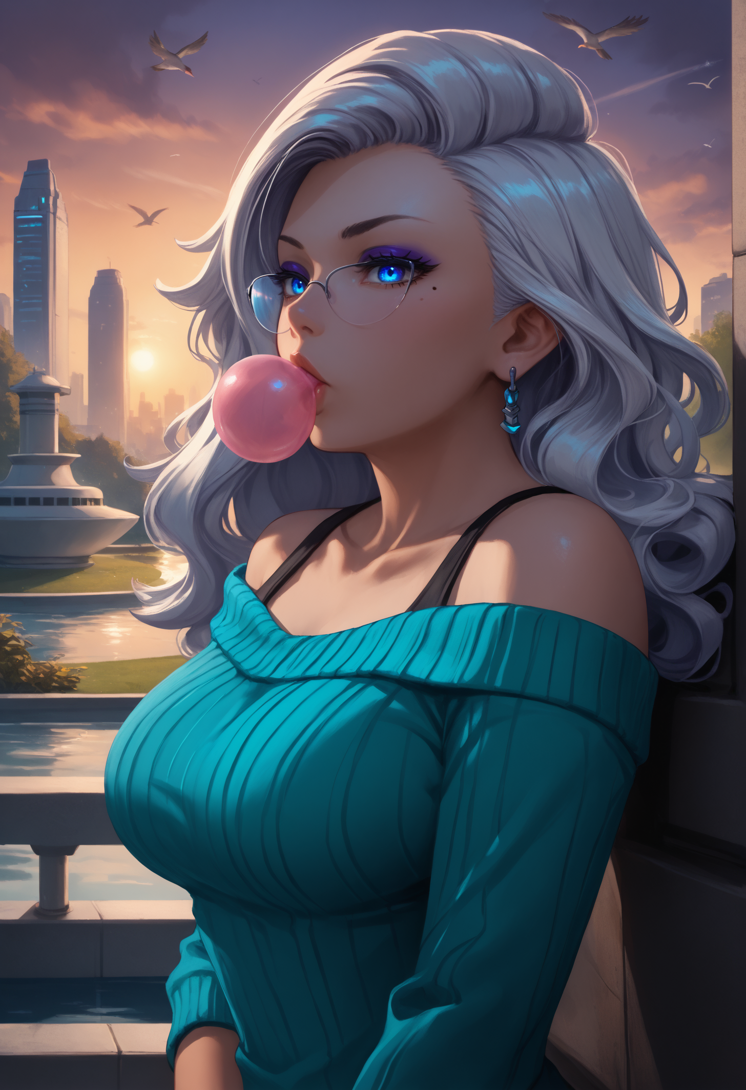 score_9, score_8_up, score_7_up, 1girl, lilysub, earrings, blue eyes, purple eyeshadow, eyeliner, lipstick, aqua nails, long hair, wavy hair, white hair, large breasts, over-rim eyewear, mole under eye, 
aqua sweater, long sleeves, ribbed sweater, off-shoulder sweater, black tank top, collarbone,
looking at viewer, serious, toned, leaning back, against wall, from side, bubblegum, food in mouth, parted lips,
outdoors, city, park, fountain, cloud, birds, sunset, side view,
science fiction, purple theme, spacecraft, space,
<lora:Subverse-Lily-PDXL_V1-Manityro-CAME:1.0>,