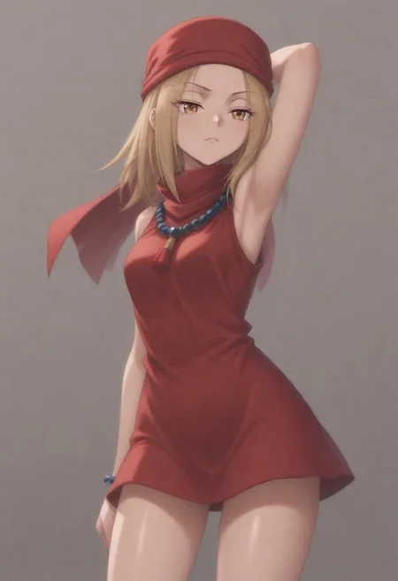 masterpiece, best quality, amazing quality,,, shiny skin,,,,,kojiann, short hair, blonde hair, brown eyes, short dress, sleeveless, bead necklace, red bandana, bracelet, <lora:Anna IXL 2-000013:1>