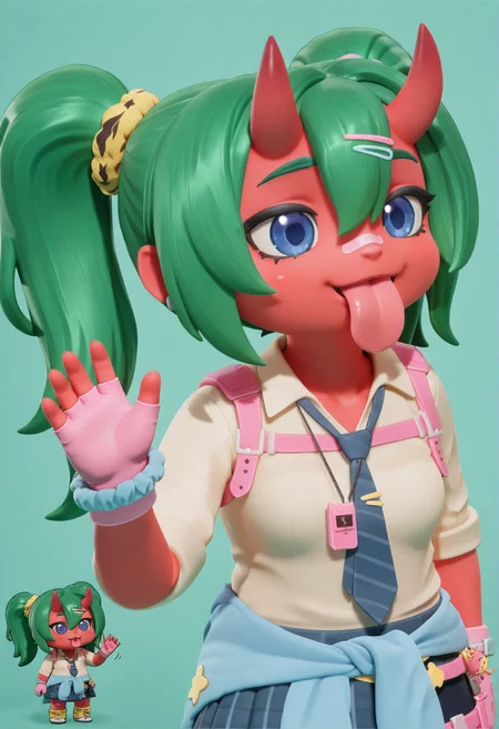 high quality, masterpiece, intricate details, absuredres, (licking pose,chibi,tongue,waving,upper body:1.4), fortnite_nemia, 1girl, solo, green hair, twintails, ponytail, long hair, bangs, hair between eyes, hair over one eye, ears, horns, oni horns, single horn, red skin, pink skin, blue eyes, parted lips, bandaid, bandaid on nose, bandaid on thighs, breasts, shirt, school uniform, necktie, plaid skirt, thighhighs, socks, loose socks, boots, jewelry, earrings, bracelet, charm, belt, gloves, fingerless gloves, knee pads, leg warmers, collarbone, solo, colored skin, hair ornament, hairclip, scrunchie, holster, striped necktie, clothes around waist, oni, plaid, charm (object), blue necktie, sweater around waist, animal print, heart, shoes, star (symbol), thigh holster, <lora:Fortnite_Nemia_Demonically_Cute_Set_ILXL_E41_16_DIM:0.8>, <lora:dmd2_sdxl_4step_lora:1>, <lora:licking pose_noob11-xl-e3:1>