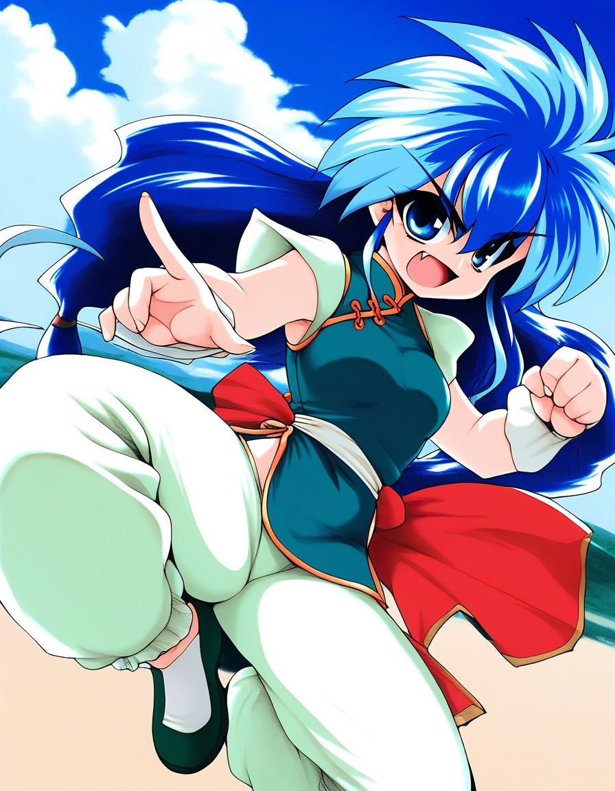score_9, score_8_up, score_7_up, source_anime, rating_explicit, BREAK  <lora:Ryuho_QOD_XL:1>  Ryuho_QOD, blue hair, blue eyes, light blue hair, long hair, small breasts, multicolored hair, two-tone hair, 
1girl, solo,  chinese clothes, 1990s (style), pants, fang, open mouth,ãwhite pants, fighting stance, shoes, green China dress,
sky, day,