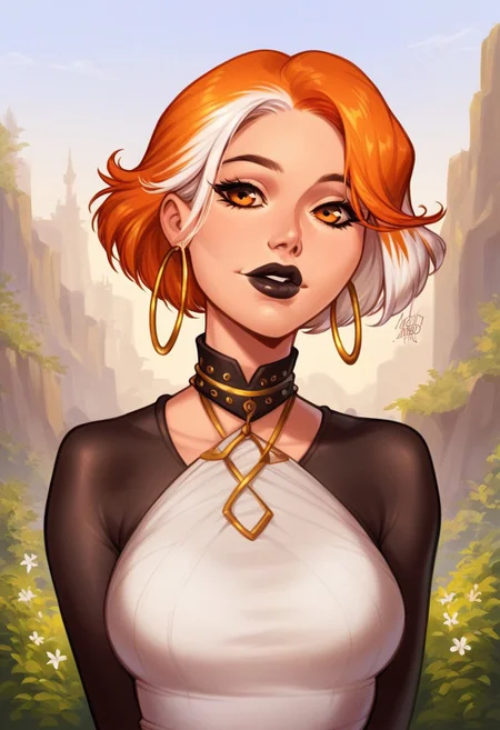score_9, score_8_up, score_7_up, score_6_up, score_5_up, 1 girl, cute, beautiful, perfecteyes,
BREAK,
orange eyes, orange hair, white hair, two tone hair, short hair, slutty clothing, seductive, perfect medium breasts, flirty, black lips, perfect lips, gold chocker, hoop earrings, front view, scenery, portrait, upper body, overalldetail