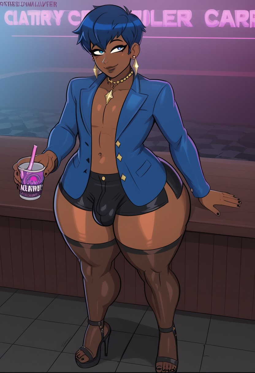 score_9, score_8_up, score_8, anime style, source_anime,
, 1boy,eternity_sf6,femboy,blue hair, earrings, dark skin, necklace, dark-skinned male, short hair, jewelry, blue eyes , lips, makeup,  WaterEnjoyer Style, blue jacket,black shorts,high heels,leg stockings,wide hips,thick thighs, nightclub,facing viewer, smile,bulge, standing,sexy pose, flirty
