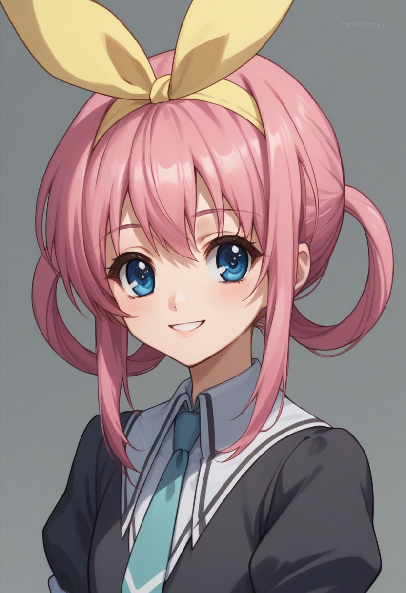 score_9, score_8_up, score_7_up, source_anime, highly detailed, 
sherlockshellinford, 1girl, solo, blue eyes, pink hair, sidelocks, hairband, school uniform, necktie, blue necktie, hair rings, smile, upper body
indoor