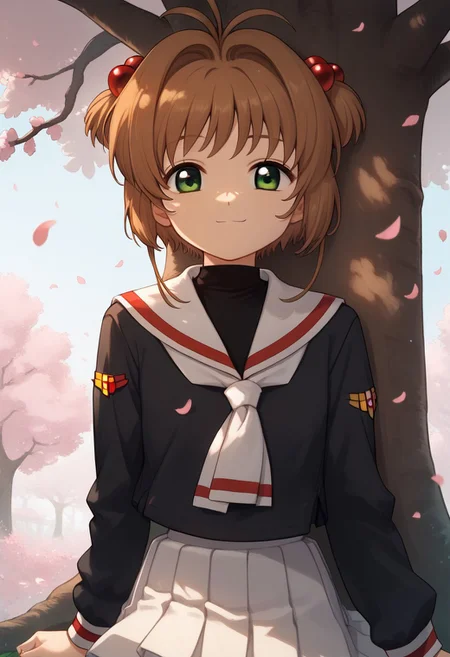 score_9, score_8_up, score_7_up, professional anime,1girl,solo,( kinomoto sakura from CARDCAPTOR SAKURA),green eyes, brown_hair, short_hair, antenna_hair, hair_intakes, flat_chest, hair_bobbles, white_skirt, pleated_skirt, black_shirt, white_sailor_collar, white_neckerchief, long_sleeves,slight smile,Under a tree, cherry tree, petals all over the stage
