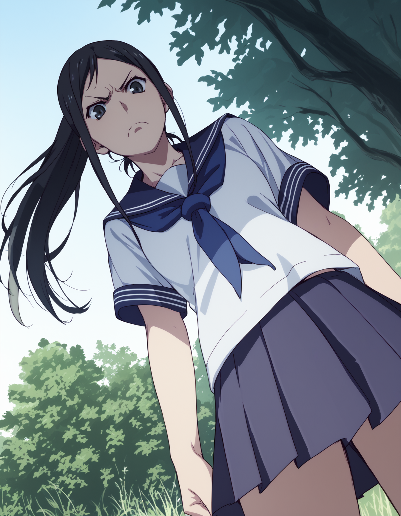 score_9,  score_8_up, score_7_up, source_anime, <lora:minko-000007:1> 1girl, solo, tsurugi minko, long hair, black hair, ponytail
school uniform, serafuku,
disgust, looking down, from below, grass, tree