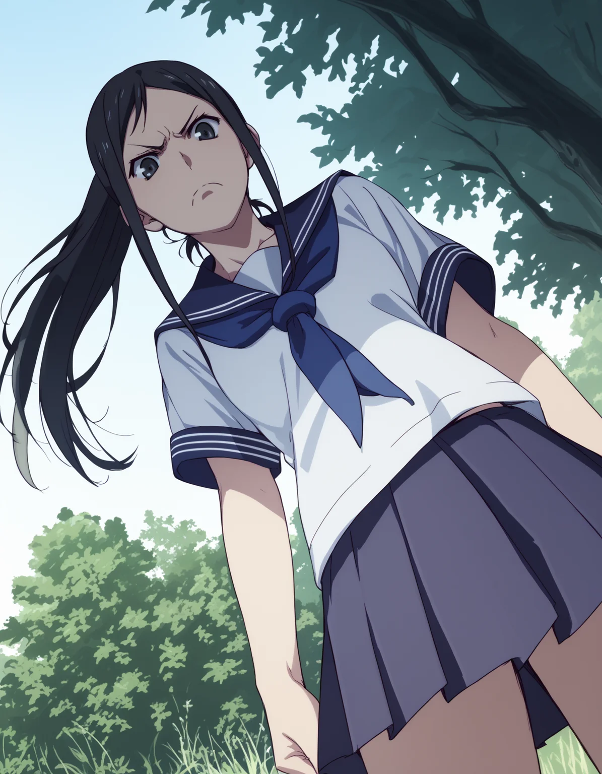 score_9, score_8_up, score_7_up, source_anime, <lora:minko-000007:1> 1girl, solo, tsurugi minko, long hair, black hair, ponytail
school uniform, serafuku,
disgust, looking down, from below, grass, tree