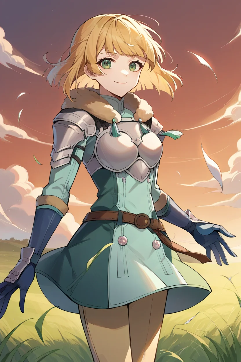 score_9, score_8_up, source_anime, 1girl, solo <lora:ingrid-pdxl-nvwls-v1-000007:0.9> hopesingrid, medium hair, bob cut, bangs, shoulder armor, breastplate, green coat, fur trim, gauntlets, blue gloves, belt, green skirt, brown pants, field, sunset, red sky, smile, wind, tall grass, looking at viewer