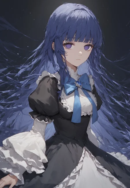 zPDXL3, score_9, score_8_up, score_7_up, ASCII, masterpiece,frederica bernkastel, umineko no naku koro ni, 1girl, black background, black dress, blue hair, blunt bangs, bow, dress, empty eyes, expressionless, frilled dress, frills, hair over shoulder, fashion, long hair, looking at viewer, puffy sleeves, purple eyes, solo, straight hair, yuria929