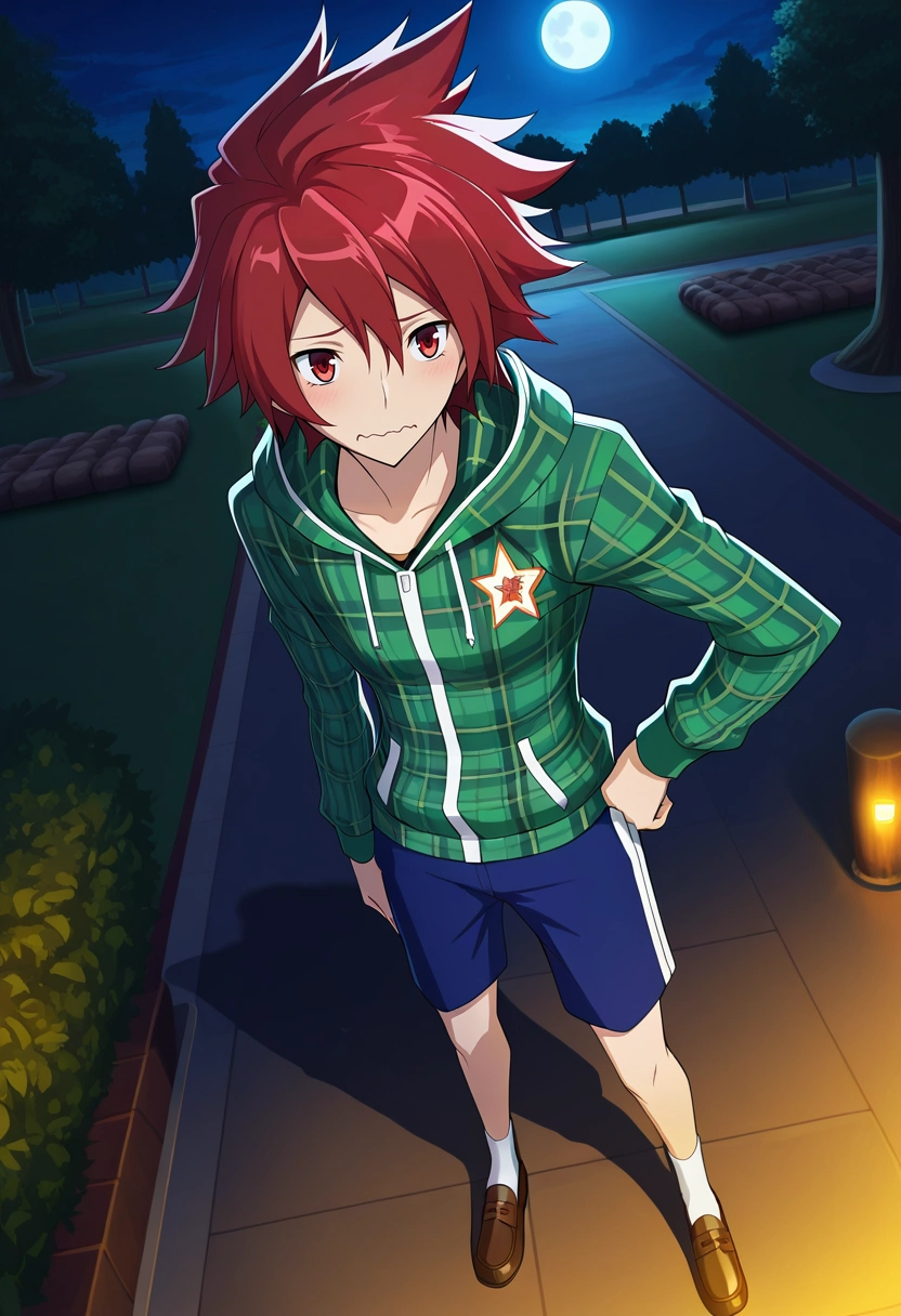 masterpiece, best quality, , ,, 1boy, solo, male focus, <lora:takuto_tsunashi_ilxl:0.94>, takuto_tsunashi, red hair, red eyes, spiked hair, bangs, , from above, park, night, full moon, hand on hip, wavy mouth, Polyester Chevron Azure Athletic shorts, Plaid flannel hoodie, Penny loafers, , Bedroll