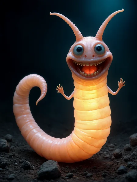 This mystical glowing worm might look like it smiles, but beware its teeth that can tare out your insides.
<lora:Aeristhal01_CE_XL_200-OT:0.6> aersthlCE_style