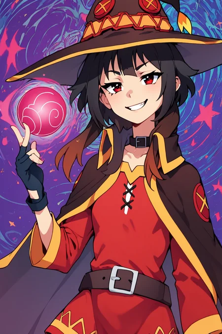score_9, score_8_up, score_8, medium breasts, (curvy, wide hips), cute, eyelashes, BREAK, (casting spell:1), (upper body, holding bright glowing ball), <lora:konosuba-megumin-s2-ponyxl-lora-nochekaiser:0.7>, megumin, short hair, black hair, red eyes, short hair with long locks, gloves, hat, dress, black gloves, belt, fingerless gloves, cape, collar, witch hat, red dress, (very smug, teeth), abstract background, <lora:NebulaNoir:0.8>, multicolored, glowing,, BREAK, smile, looking at viewer, cowboy shot, embedding:zPDXL, Expressiveh, <lora:SDXLFaeTastic2400:0.5>, <lora:Expressive_H-000001:0.4>, <lora:CatalystStylePDXL:0.3>,