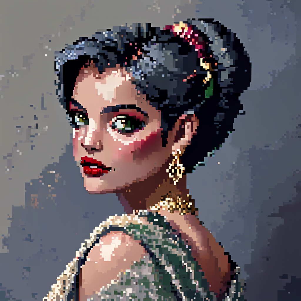 <lora:Pixel_Art_Styles:1>  ArsMJStyle, Pixel Art,  fewP, The image shows a woman . She has a gentle expression on her face and her hair is pulled back in a neat bun. light-colored dress with a patterned shawl draped over her shoulders. Her lips are slightly parted and the background is a soft muted color., 1girl, solo, jewelry, earrings, black hair, makeup, lipstick, short hair, red lips, upper body, green eyes, parted lips, eyeshadow, dress