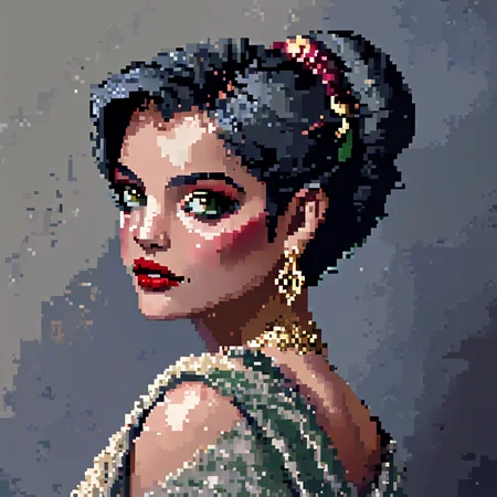 <lora:Pixel_Art_Styles:1> ArsMJStyle, Pixel Art, fewP, The image shows a woman . She has a gentle expression on her face and her hair is pulled back in a neat bun. light-colored dress with a patterned shawl draped over her shoulders. Her lips are slightly parted and the background is a soft muted color., 1girl, solo, jewelry, earrings, black hair, makeup, lipstick, short hair, red lips, upper body, green eyes, parted lips, eyeshadow, dress