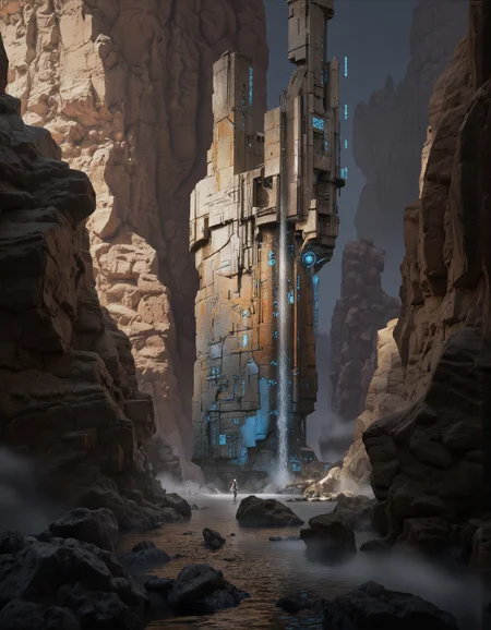 By Brandon Le. A digital illustration shoot from a low angle about a futuristic landscape featuring a large, crumbling rock structure with a waterfall in the middle, surrounded by rocky cliffs. the scene is set in a dimly lit, rocky environment with a misty atmosphere, and the image also shows a serene, ethereal atmosphere. on the middle of the image, a large rock structure appears to be partially submerged in water, with blue glowing runes on it, and a small figure of a person standing in front of it. the rock structure is illuminated by a soft, diffused light, casting a warm glow on the surrounding rocks and water. the figure is positioned in the foreground, with the water cascading down from the top of the structure, creating a sense of depth and dimensionality. the background features a dense, rocky landscape with tall, jagged cliffs on either side, adding to the sense of mystery and isolation. the overall atmosphere is one of tranquility and serenity, with a focus on the natural beauty of the scene.