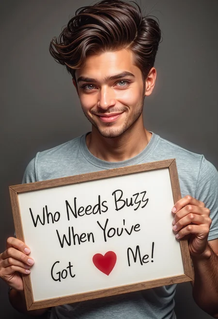 A very confident and handsome young man with dreamy small blue eyes, playfully holding a sign that says Who Needs Buzz When Youve Got Me! ⤠in a cheerful and inviting manner.