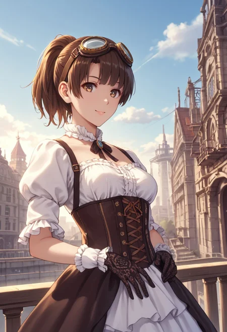 score_9, score_8_up, score_8, score_7_up, source_anime,
1girl, katou megumi, Megumi <lora:KatoMegumi:1>,brown hair,katou megumi,brown eyes, medium breasts , short hair, ponytail ,masterpiece, best quality, steampunk theme, victorian cityscape background, wearing a detailed steampunk dress with brass and leather accents, intricate corset, puffed sleeves, lace gloves, goggles resting on her head, holding a small pocket watch, standing near a steam-powered contraption, gears and pipes in the foreground, warm sepia tones, soft sunlight breaking through clouds, gentle smile, elegant pose, side-angle perspective, detailed textures, cinematic atmosphere, intricate mechanical elements