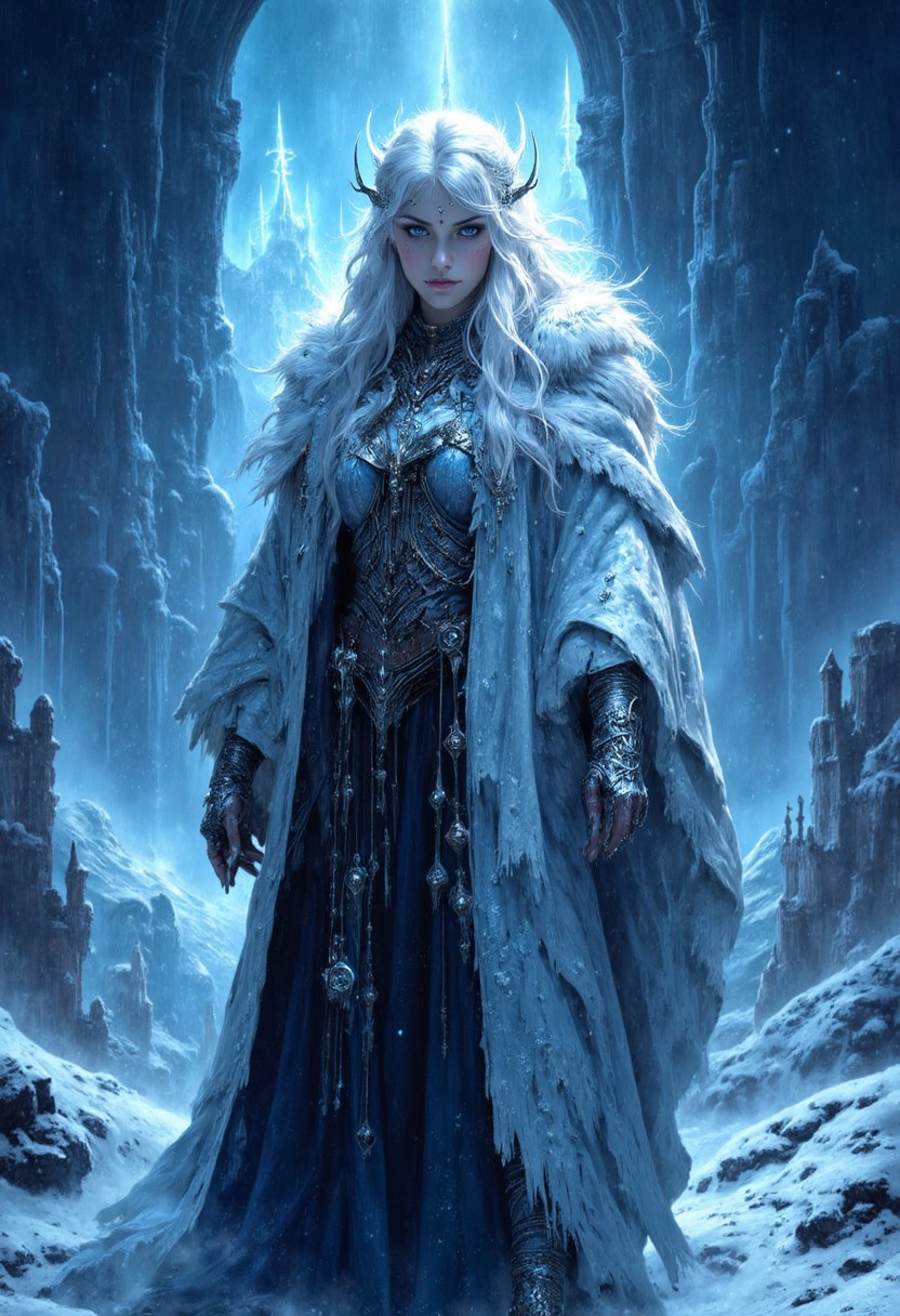 A mesmerizing dark fantasy concept art illustration featuring an enchanting ice witch from a frozen realm. The powerful sorceress stands tall and slender, her piercing icy blue eyes locked onto the viewer. Her flowing white hair cascades down her shoulders, contrasting with her fur-lined cloak and intricate silver jewelry. A frosty aura surrounds her, emphasizing her isolation and immense power. The background is a blend of desolate, snowy landscapes and mysterious dark skies, creating an atmosphere of danger and intrigue. This cinematic masterpiece would be the perfect visual accompaniment to a dark fantasy epic., conceptual art, cinematic, dark fantasy