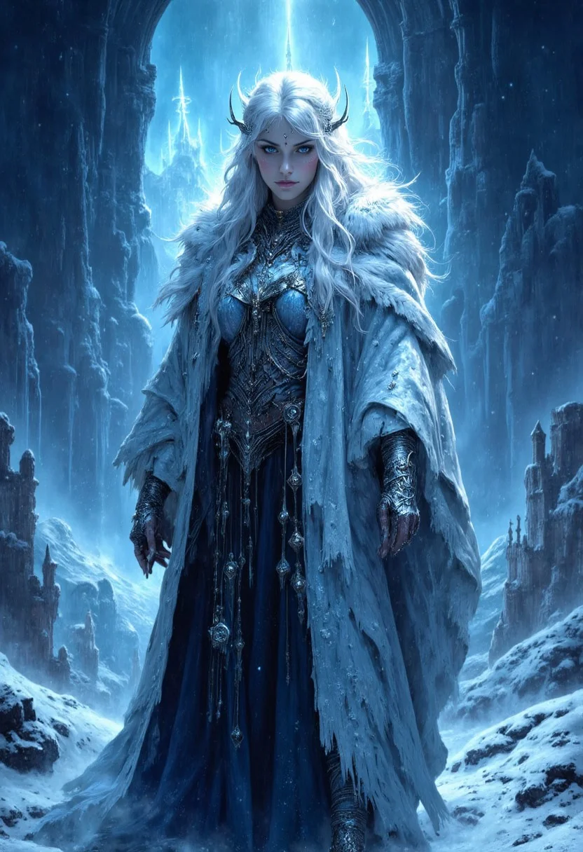 A mesmerizing dark fantasy concept art illustration featuring an enchanting ice witch from a frozen realm. The powerful sorceress stands tall and slender, her piercing icy blue eyes locked onto the viewer. Her flowing white hair cascades down her shoulders, contrasting with her fur-lined cloak and intricate silver jewelry. A frosty aura surrounds her, emphasizing her isolation and immense power. The background is a blend of desolate, snowy landscapes and mysterious dark skies, creating an atmosphere of danger and intrigue. This cinematic masterpiece would be the perfect visual accompaniment to a dark fantasy epic., conceptual art, cinematic, dark fantasy