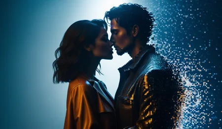 <lora:Aether_Pixel_v1_SDXL_LoRA:1> photo of a robot man dissolving into pixels kissing a robot woman dissolving into pixels, cinematic, cyberpunk, dark night