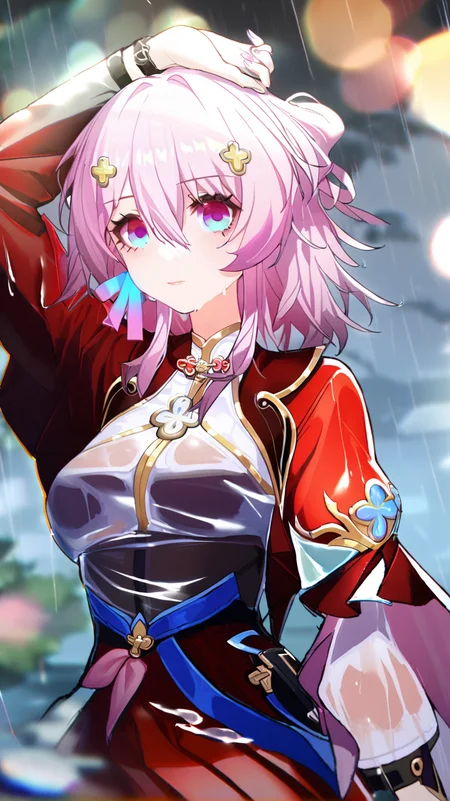 1girl,
march 7th \(honkai: star rail\),
solo, red sleeves, depth of field, lens flare, bokeh, chromatic aberration, rain, wet clothes, translucent, black sleeves, water drop, skirt, medium hair, outdoors, wet, water, wet hair, pink hair, looking at viewer, red skirt
<lora:mki-ani31-march_7th_The_Hunt-v2-000025:1> <lora:mki-ani31-yutou-v3-000120:1>