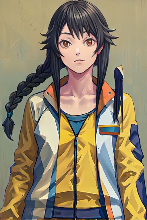 Chiemi Serizawa, black hair, blunt bangs, braided hair, brown eyes, yellow shirt, green coat, blue patch, denim shorts,, boots, yellow shirt, tracksuit