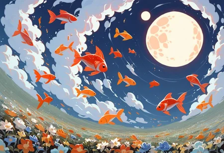 score_9, score_8_up, score_7_up, score_6_up,
nature background, flowers, flower, clouds, fields, flower field, night time, dark county side, moon in the sky, huge moon, glowing moon, white glow, horizon view, flat horizon
flying fish, fish floating, fish swimming thriugh the sky, betta fish, multi colour fish, swarm of fish, 30 fish, huge swarm of fish,fish ,Aquatic life, swarm of fish around a big fish, large goldfish, goldfish, large fish, dragon fish, dragon gold fish