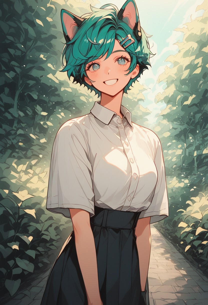 score_9, score_8_up, score_7_up, score_6_up, score_5_up, (art, (psychedelic), garden, sunlight, dog ears, metal floor, pink dolled up dress, hair ornament, 1girl, pixie cut, teal hair, green streak, blunt bang, smile, happy)