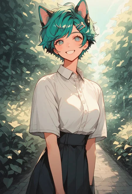 score_9, score_8_up, score_7_up, score_6_up, score_5_up, (art, (psychedelic), garden, sunlight, dog ears, metal floor, pink dolled up dress, hair ornament, 1girl, pixie cut, teal hair, green streak, blunt bang, smile, happy)