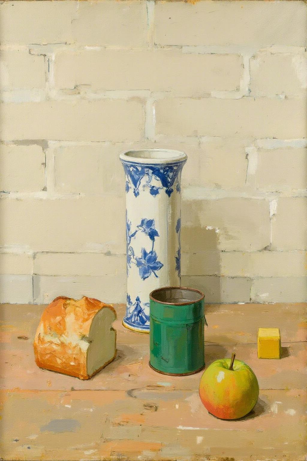 euanuglow1 painting. 
A still life scene with half a loaf of bread, a green metal can, and a small yellow cube on a wooden surface. To the right of the can is a yellow apple. Behind these objects is a tall white vase with blue floral patterns and a brick wall. <lora:euanuglow1_cap_d6aee11:1.0><lora:845531640408206019:0>