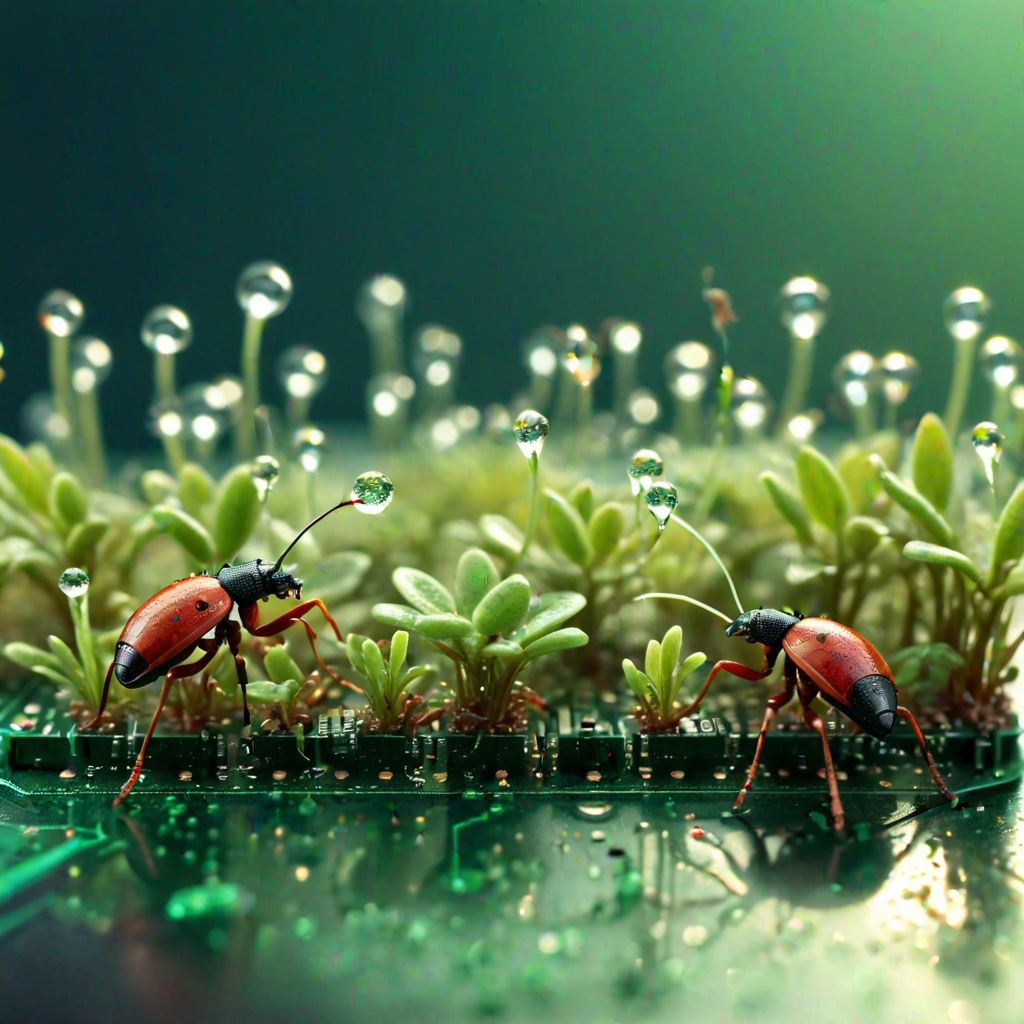 Detailed macro shot, miniature plants sprouting from circuit board, ants and beetles as electronic components, sparkling dewdrops, intricate, hyperrealistic, shallow depth of field, cinematic lighting
