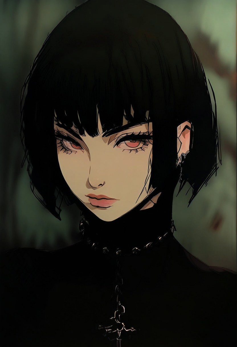 gthan, 1girl, solo, short hair, black hair, jewelry, looking at viewer, necklace, cross, portrait, bangs, red eyes, closed mouth, turtleneck, blurry background, cross necklace, lips, piercing, blurry, bob cut, eyelashes, ukiyo-e