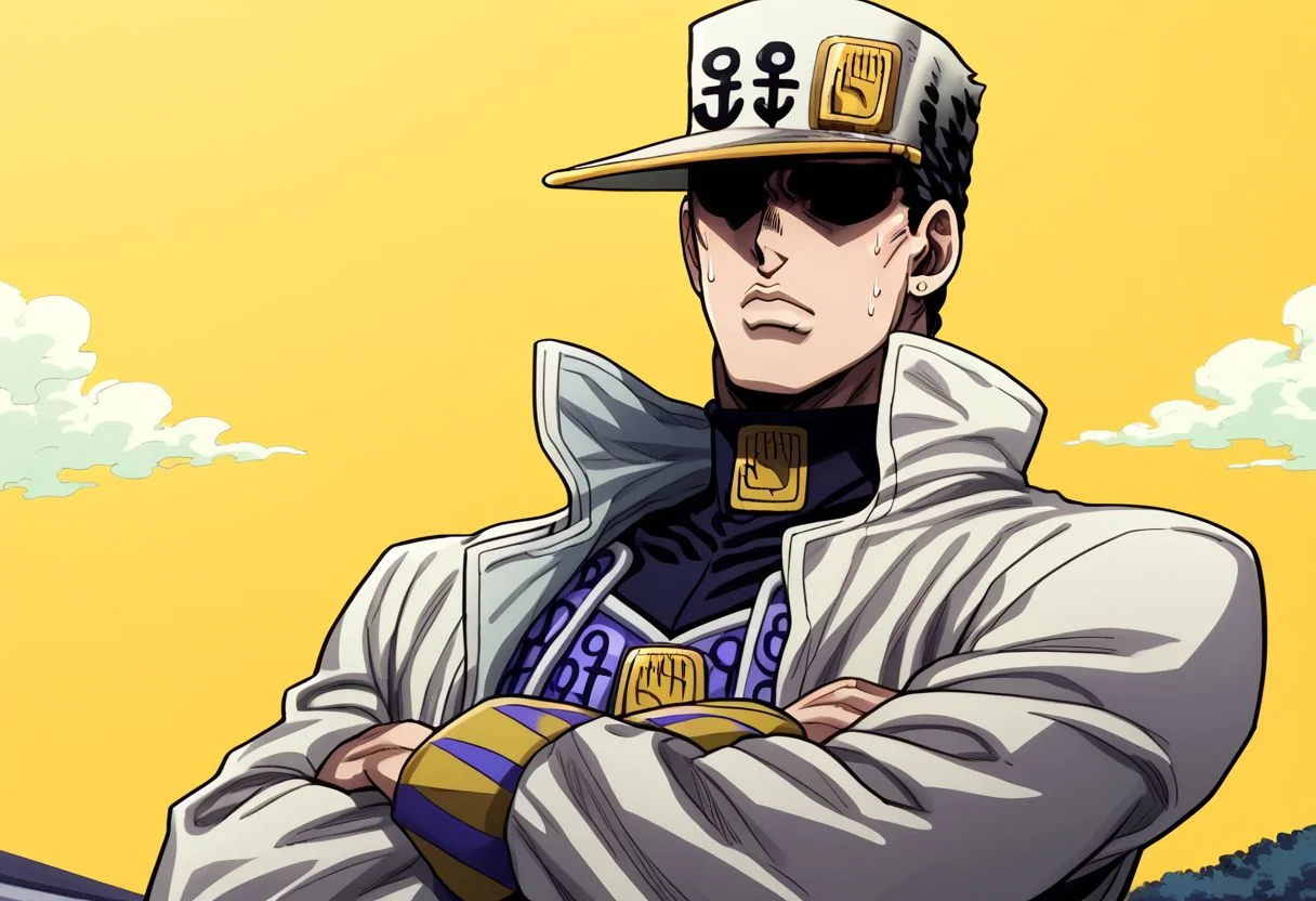 Jotaro Kujo, neutral expression, tired eyes, turtleneck, crossed arms, sigh, black hair, hat, jewelry, blue eyes, stud earrings, muscular, white coat, trench coat, multiple belts, anime style, JoJo, white pants, yellow sky, clouds, solo, 1boy, upper body, text, shaded eyes, anime style, obscured eyes, shadow over eyes, sweat drop, looking away from viewer, embarrassed