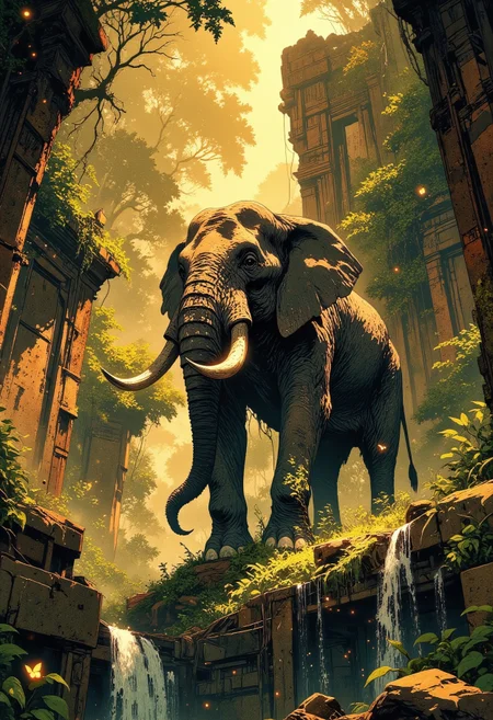 A colossal elephant, ancient and wise, stands amid the overgrown ruins of a lost jungle temple, its massive form draped in moss and creeping vines. Its weathered tusks curve like ivory monuments, and its deep eyes full of intelligence. The air is thick with mist, as golden beams of sunlight pierce through the dense rainforest canopy above, illuminating sacred stone carvings and crumbling statues covered in moss. Towering ferns and tangled roots weave through the ruins, while waterfalls cascade over forgotten relics. Fireflies and glowing butterflies hover in the air, casting tiny points of light, adding to the mystical atmosphere. The scene is awe-inspiring, cinematic, and steeped in ancient wonder. Ultra-detailed, 8K resolution, dramatic lighting, fantasy concept art, majestic and mythical. DB4RZ, DB4RZ style painting