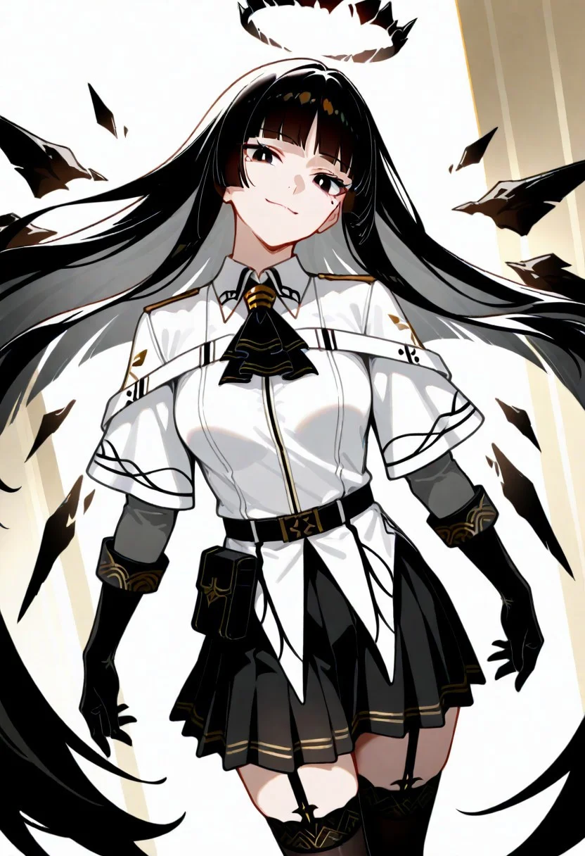 masterpiece, best quality, very aesthetic, absurdres, cinematic, dynamic angle, perfect composition, solo, 1girl, medium breast, Virtuosa, black eyes, yellow pupils, mole under eye, very long hair, dark hair, blunt bangs, sidelocks, dark halo, broken halo, black wings, detached wings, white jacket, collared jacket, wing collar, wide sleeves, black ascot, short over long sleeves, dress shirt, grey shirt, black belt, belt buckle, belt pouch, black skirt, miniskirt, pleated skirt, black thighhighs, garter straps, black gloves, head tilt, slight smile, looking at viewer,