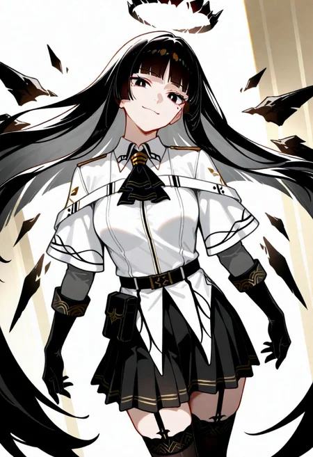 masterpiece, best quality, very aesthetic, absurdres, cinematic, dynamic angle, perfect composition, solo, 1girl, medium breast, Virtuosa, black eyes, yellow pupils, mole under eye, very long hair, dark hair, blunt bangs, sidelocks, dark halo, broken halo, black wings, detached wings, white jacket, collared jacket, wing collar, wide sleeves, black ascot, short over long sleeves, dress shirt, grey shirt, black belt, belt buckle, belt pouch, black skirt, miniskirt, pleated skirt, black thighhighs, garter straps, black gloves, head tilt, slight smile, looking at viewer,