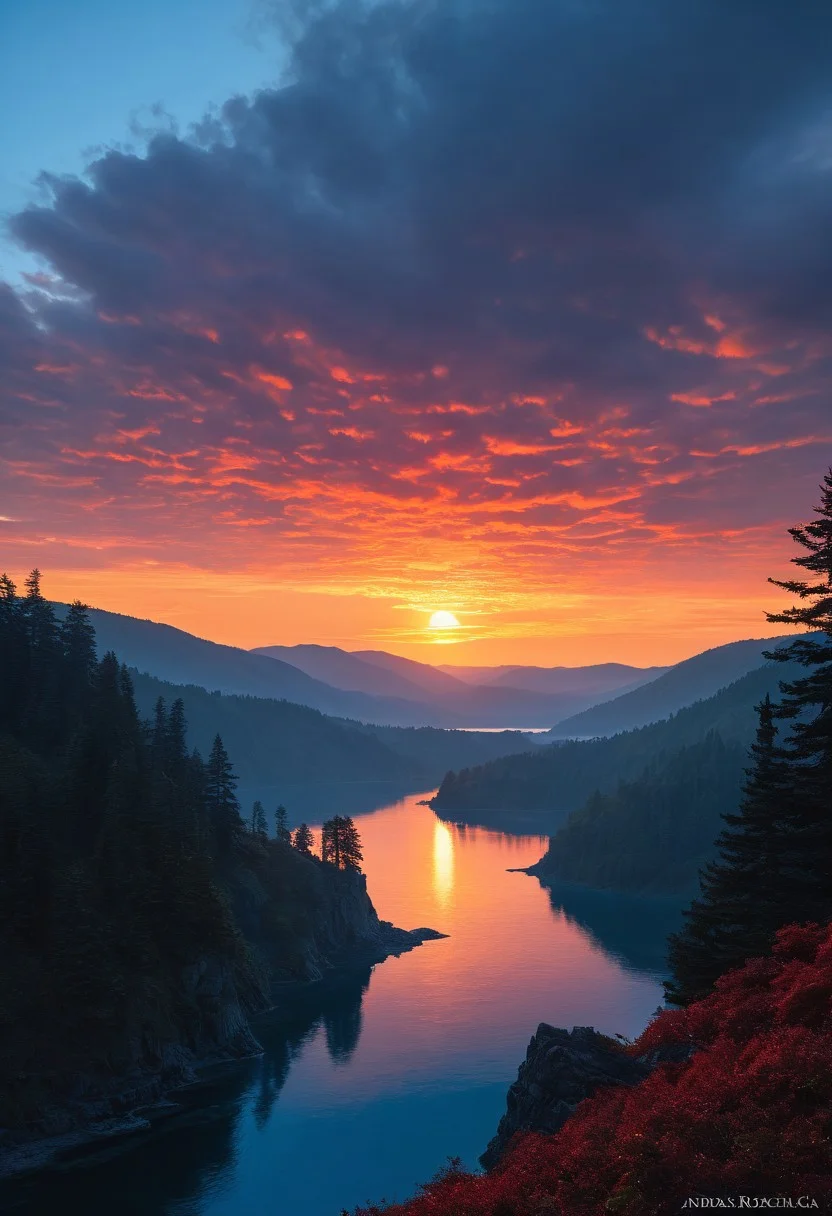 <lora:oil_pastel:1.00> of a cinematic photo <lora:juggernaut_cinematic:1.00> , prophetic <lora:more_art:0.40><lora:faetastic:0.25><lora:midjourney:0.15> no humans, sunset, red clouds, forest, lake