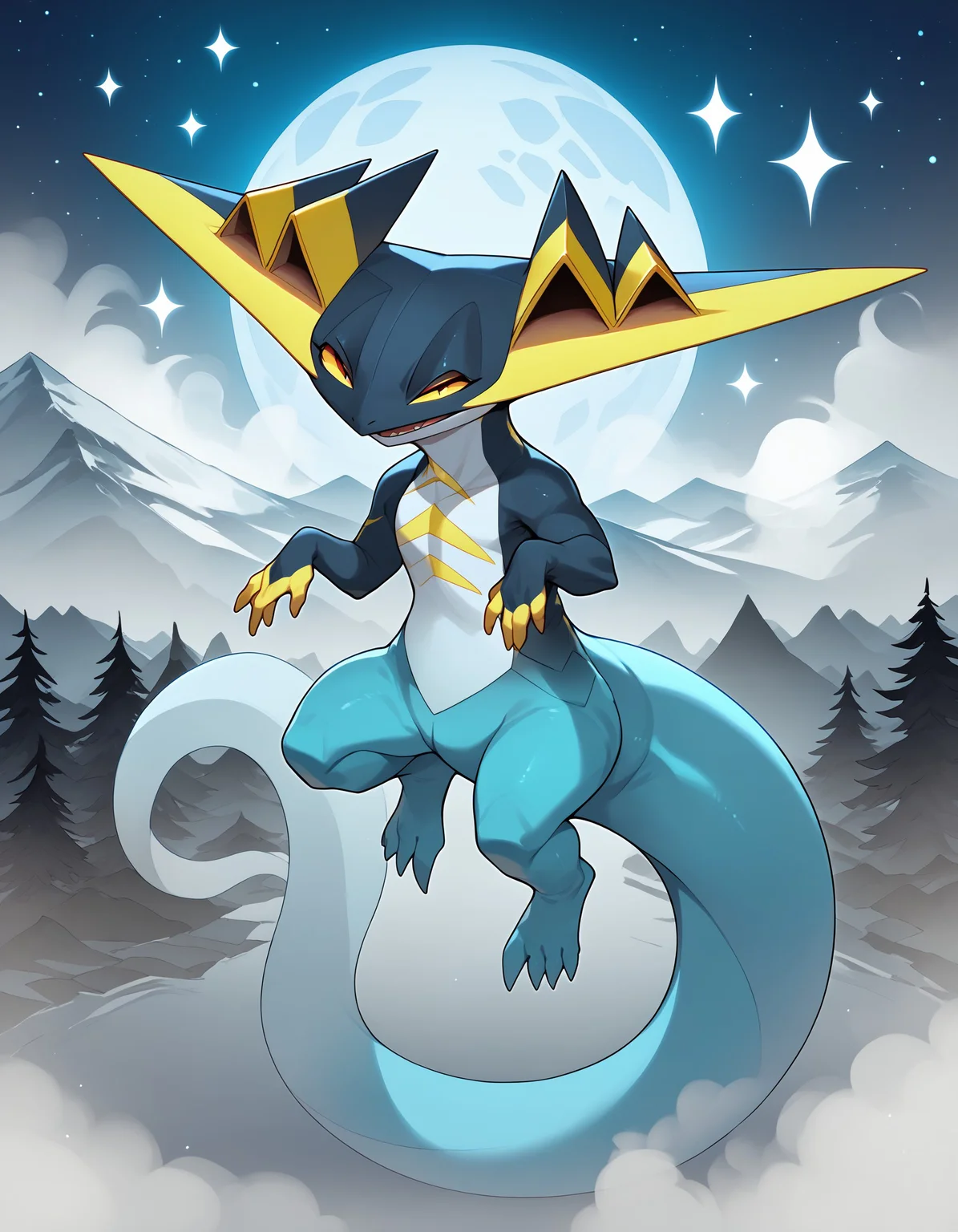 score_9, score_8_up, score_7_up, Dragapult, yellow wings, yellow claws, pokemon \(creature\), full body, looking at viewer, floating, mist, fog, mountaintops, multicolored skin, night, stars, moon, <lora:cefaa866-a58e-40ba-a219-79ab392f7d60:1.0>, <lora:4ed15a96-f705-4634-aa42-dc93d4e43363:1.0>