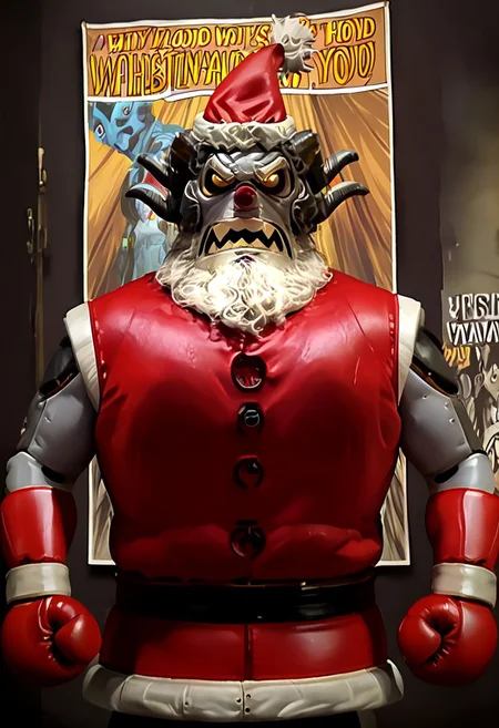 r0b0t_s4nta_c1aus, robot santa claus vs krampus, robot santa on the left, and krampus on the right,dramatic face-off, intense boxing poster, epic anime movie poster