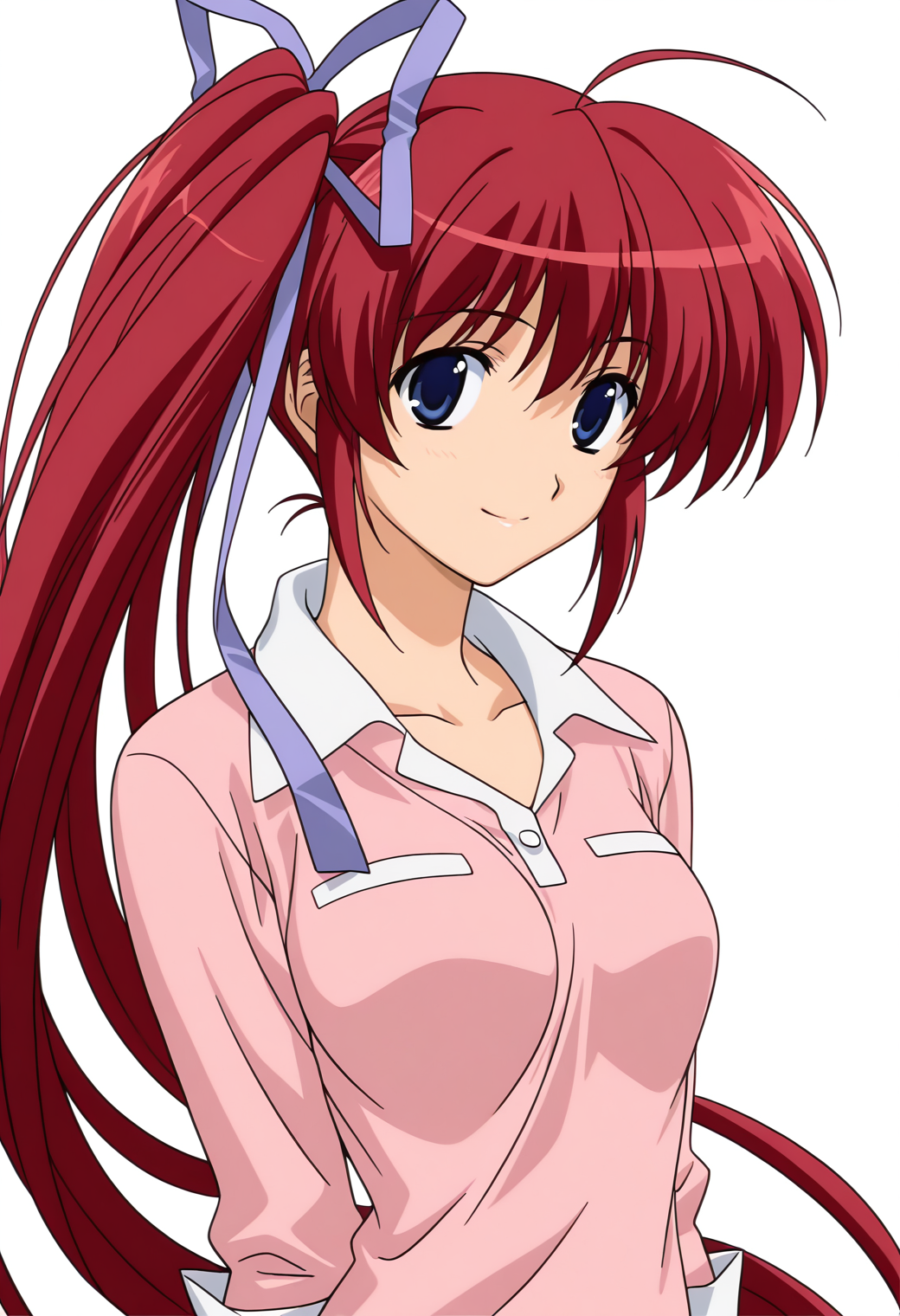 masterpiece, best quality, very aesthetic, absurdres, 1girl, solo,
<lora:takase_mizuki_v01:0.9>, takase_mizuki, mizuki_casual4, red hair, very long hair, ahoge, side ponytail, blue eyes, breasts,
purple hair ribbon, pink shirt, long sleeves, posing, (smile:0.7), upper body
