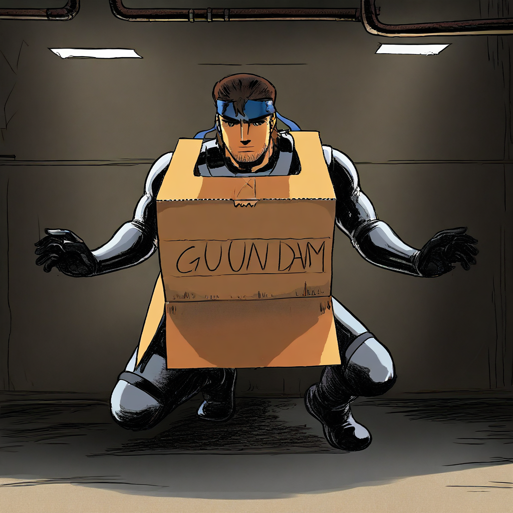 masterpiece, best quality, absurdres, 1boy, male focus, solo, solid snake, brown hair, mullet, blue headband, stubble, sneaking suit, ha_ko_ga, cardboard box, English text, sneaking, industrial, indoors, crouching, wall, pipe (plumbing)