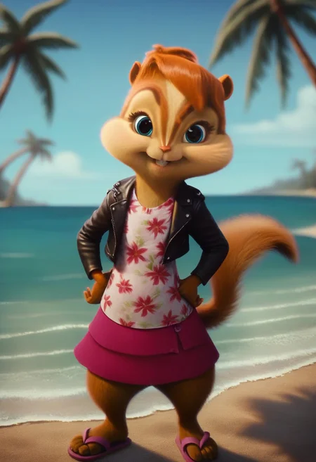 score_9, score_8_up, score_7, score_6, detailed background, beach, palm trees, ocean, brittany miller, chipmunk, furry, short ears, white floral shirt, black leather jacket, floral mini skirt, sandals, standing, hands on hips, looking at viewer, front view, cute smile, 6 inches tall