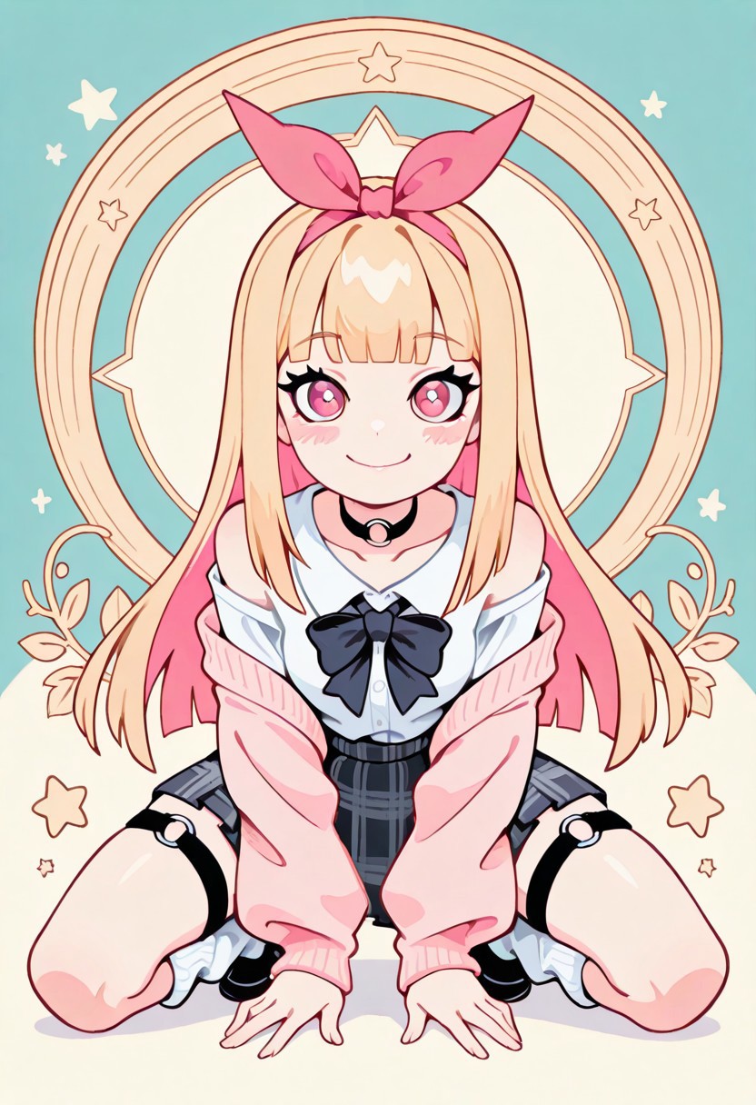 1 girl , solo , blushing , closed mouth , bratty smile , eyelashes , cute , long straight hair , blunt bangs , winking , star , ribbon , hair ribbon , 
slim , slender , 
thigh strap, choker, o-ring choker, pink cardigan, bowtie, white shirt, shirt open, tucked in, plaid skirt, pleated skirt, bare shoulder, white socks, loose socks, black footwear, 
full body view, kneeling, spread legs, leaning forward, 
from front, front view, straight-on, look at viewer, 
masterpiece, best quality ,amazing quality ,S4bit4mago_illu , Protoneon  ,s0wasow4rt_illu, t1m3r